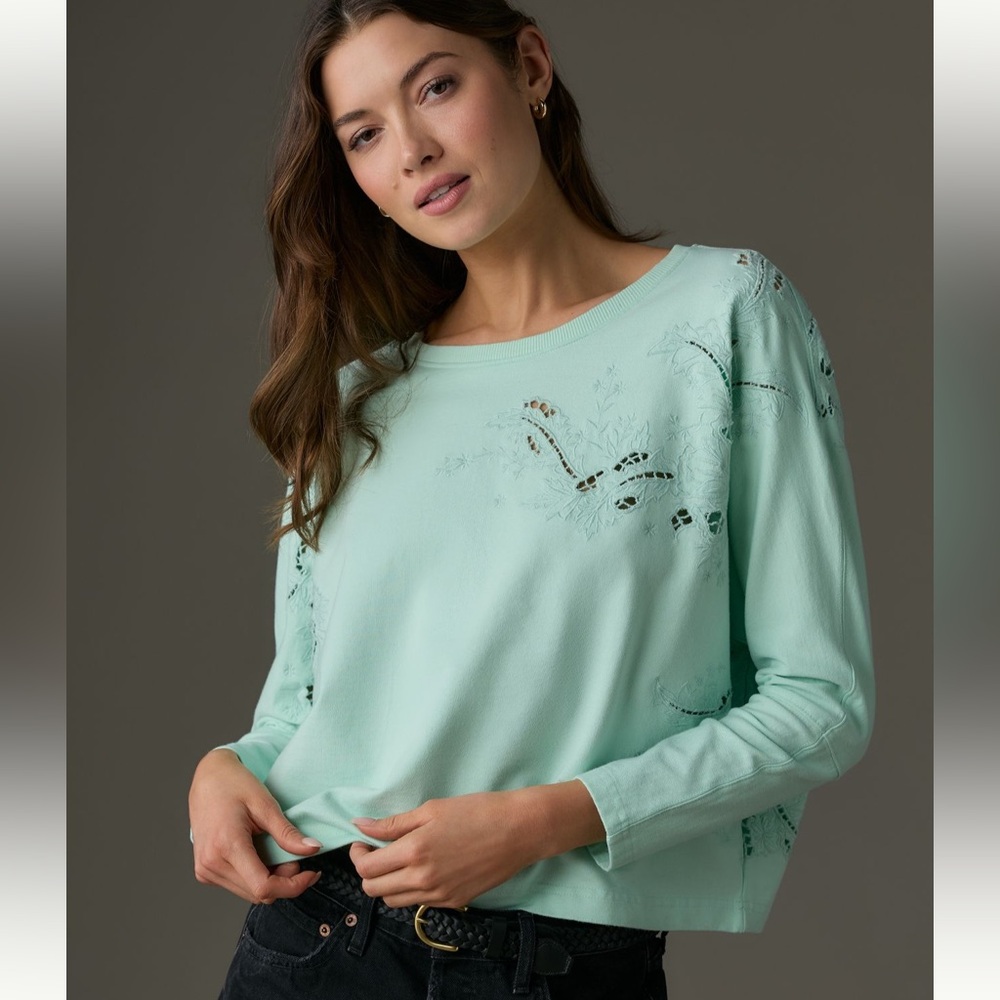 NWT Anthropologie Embroidered Cutwork Sweatshirt in Sky Blue - Size: M - Picture 4 of 13